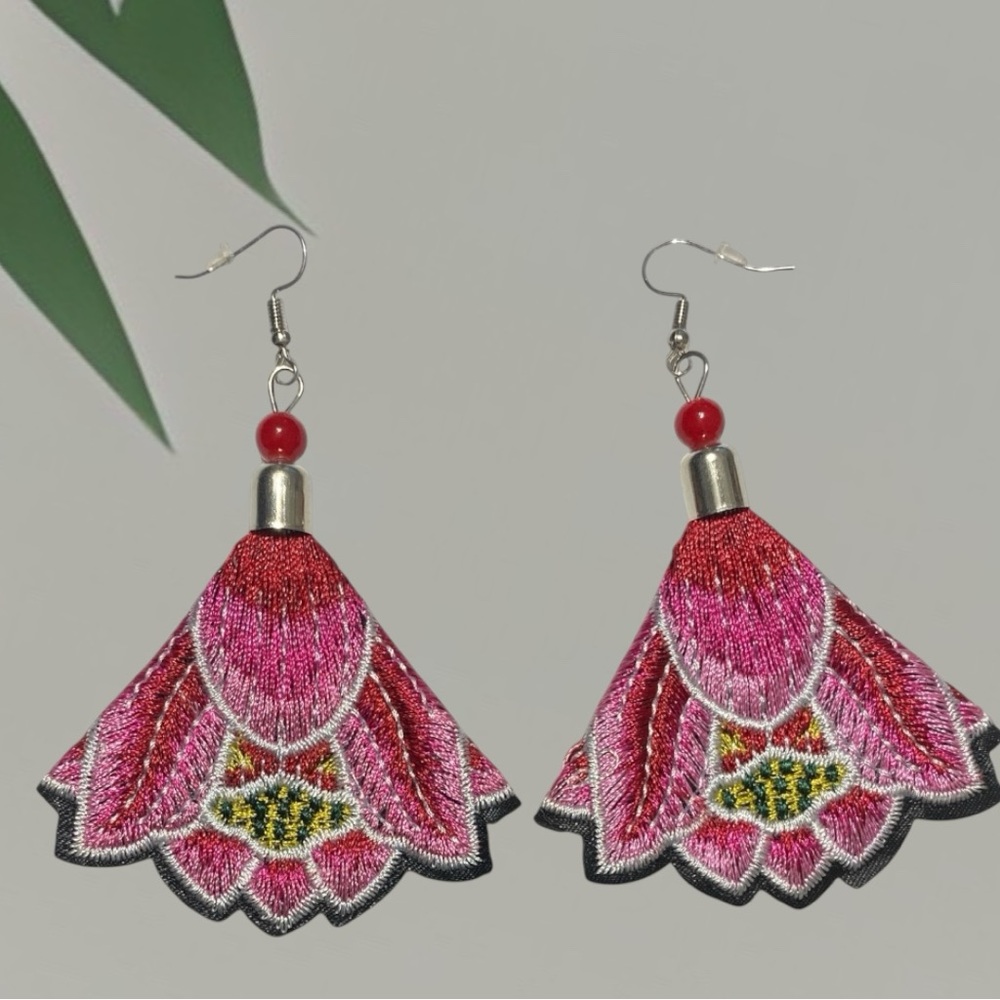 🌺 Bohemian Lotus Blossom Embroidered Dangle Drop Earrings Tribal Ethnic Jewelry